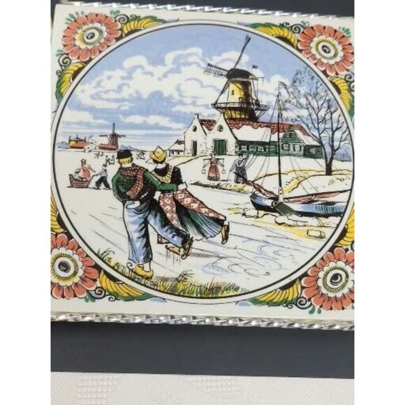 Delft Poly Schoonhoven Keramiek Holland I Windmill winter Tile Art Trivet - Picture 2 of 6